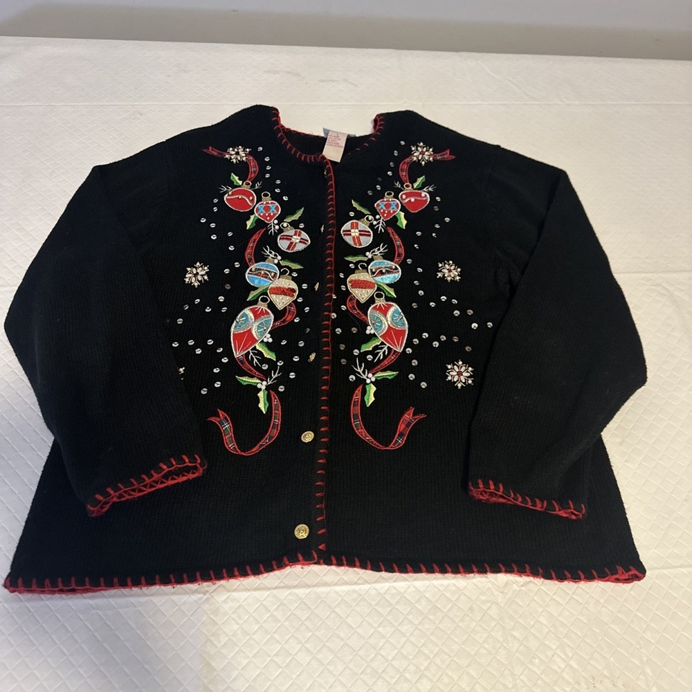 Womens Christmas Cardigan Crystal Kobe Black Ornaments Snowflakes Bead Sequin Lg